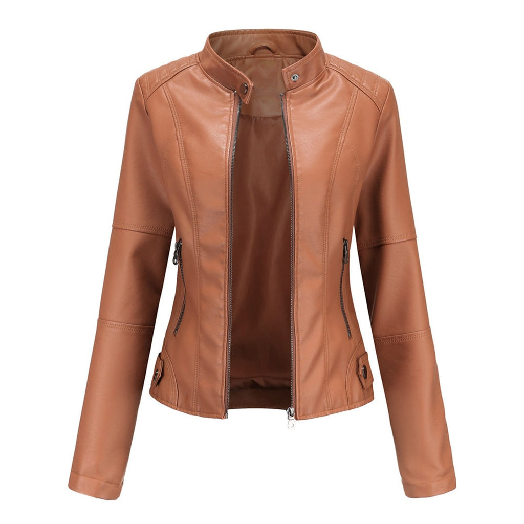 Women's Leather Moto Jacket with Faux Quilted Shoulders and Slim Fit - Image 2