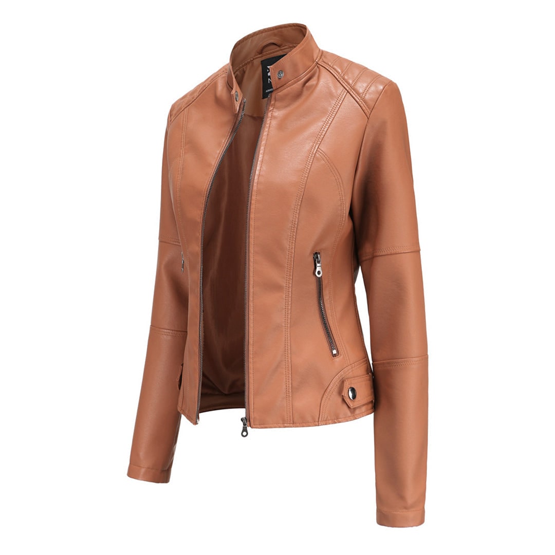 Women's Leather Moto Jacket with Faux Quilted Shoulders and Slim Fit - Image 3