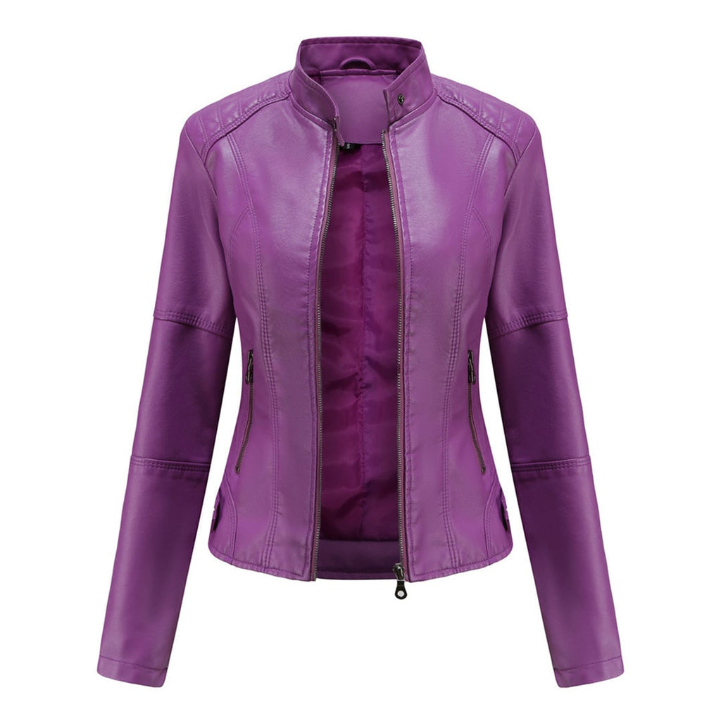 Women's Leather Moto Jacket with Faux Quilted Shoulders and Slim Fit - Image 4