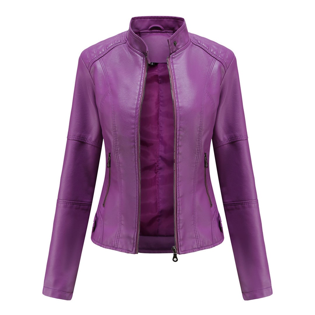 Women's Leather Moto Jacket with Faux Quilted Shoulders and Slim Fit - Image 4