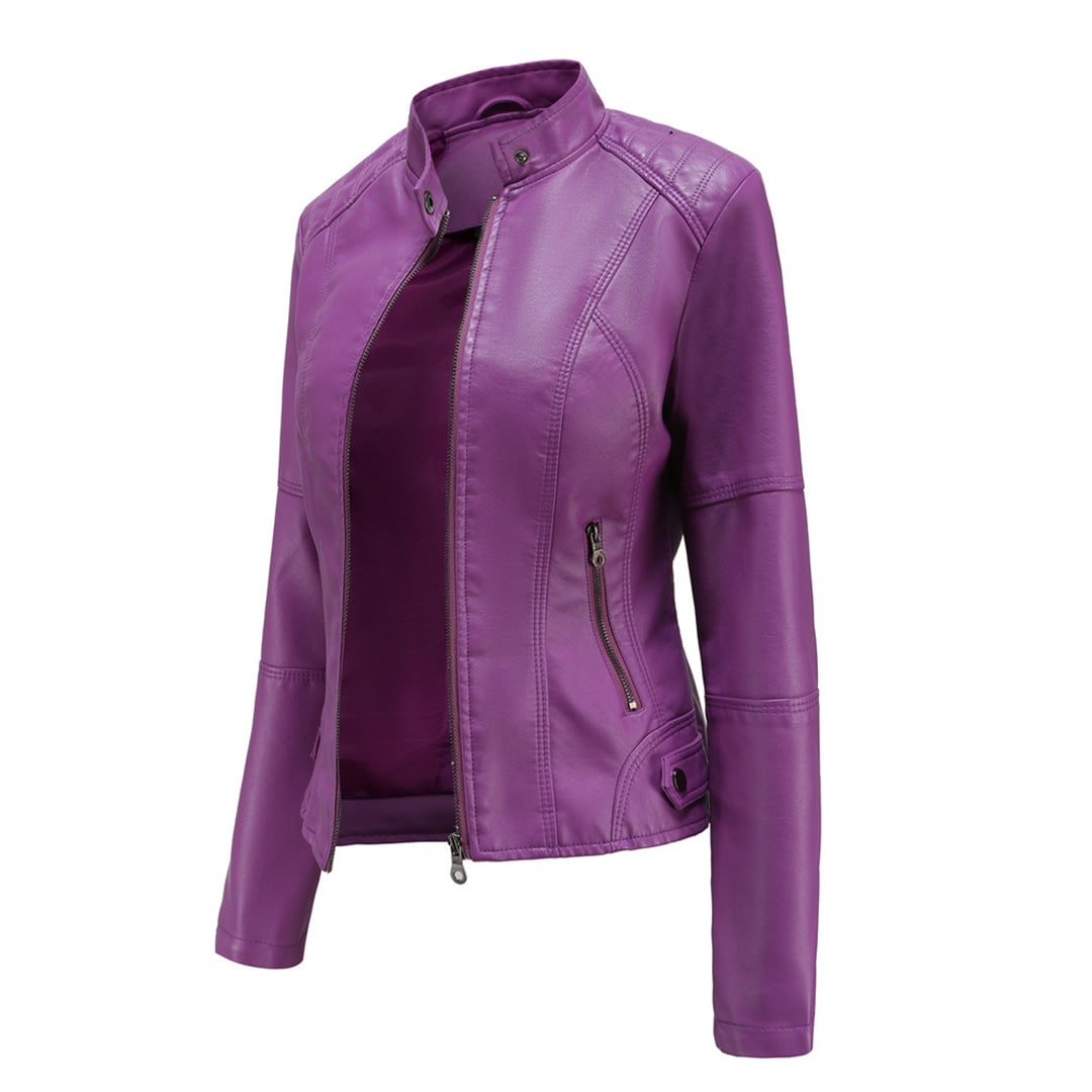 Women's Leather Moto Jacket with Faux Quilted Shoulders and Slim Fit - Image 5