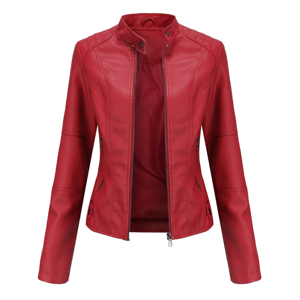 Women's Leather Moto Jacket with Faux Quilted Shoulders and Slim Fit - Image 6