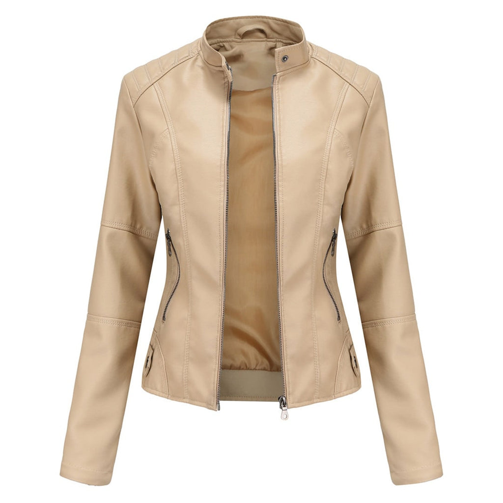Women's Leather Moto Jacket with Faux Quilted Shoulders and Slim Fit - Image 7
