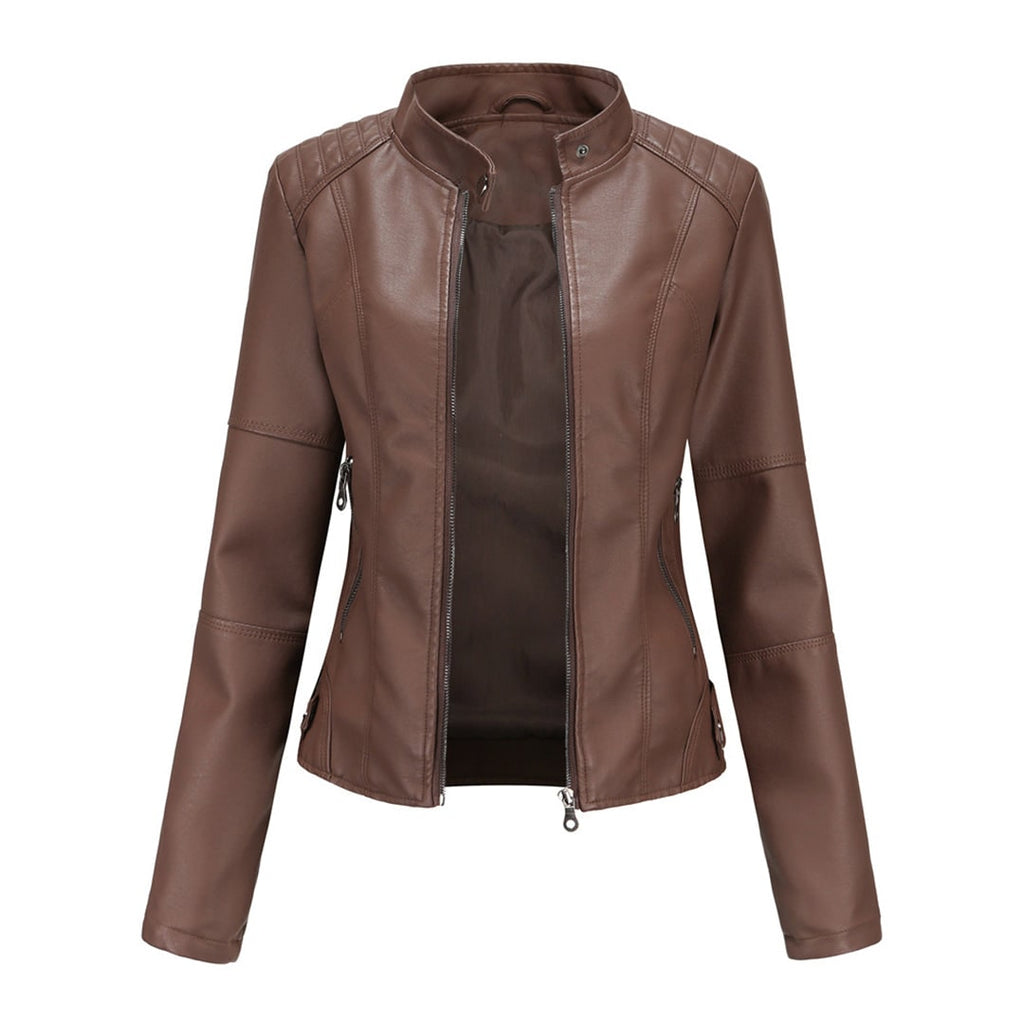 Women's Leather Moto Jacket with Faux Quilted Shoulders and Slim Fit - Image 8