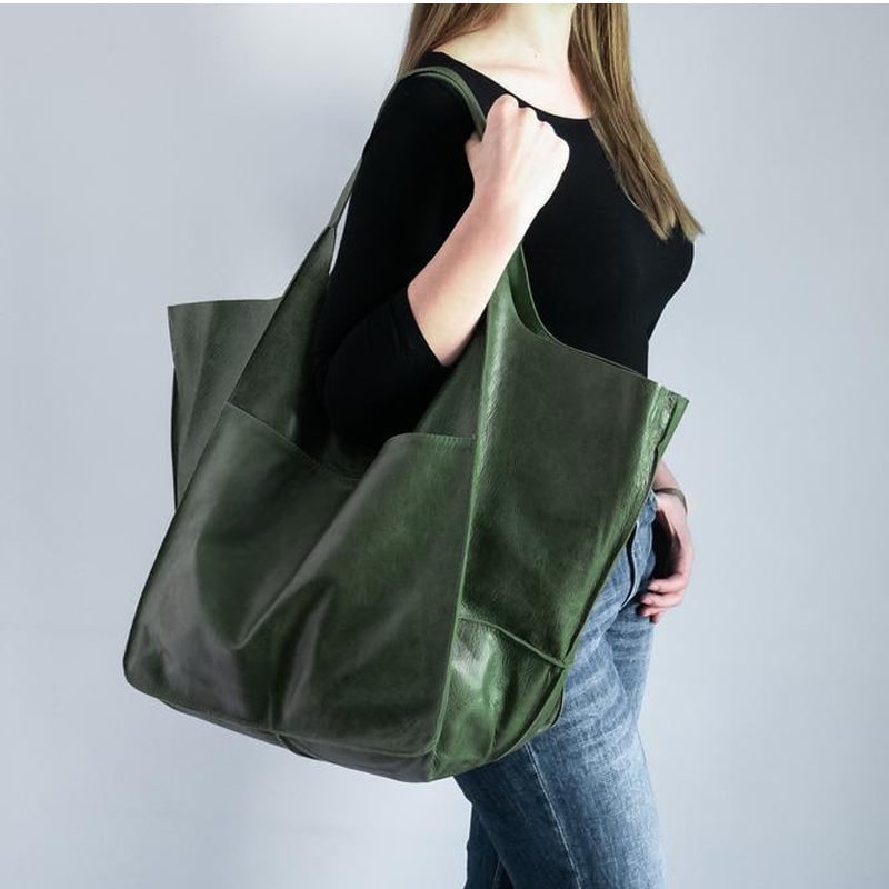 Women's Leather Tote Bag with Large Capacity Slouchy Silhouette and Magnetic Snap - Image 2