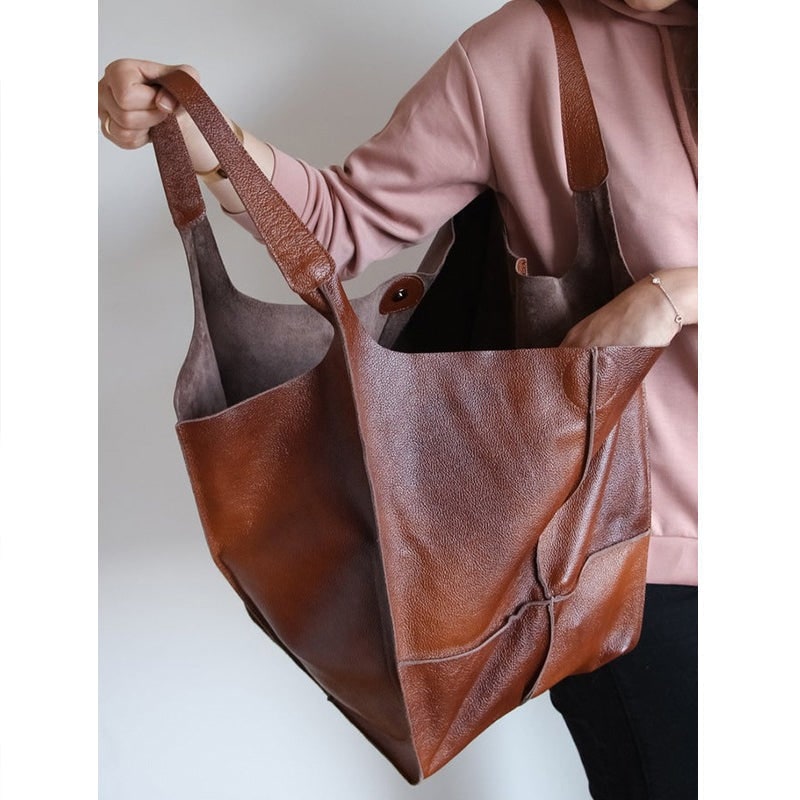 Women's Leather Tote Bag with Large Capacity Slouchy Silhouette and Magnetic Snap - Image 3