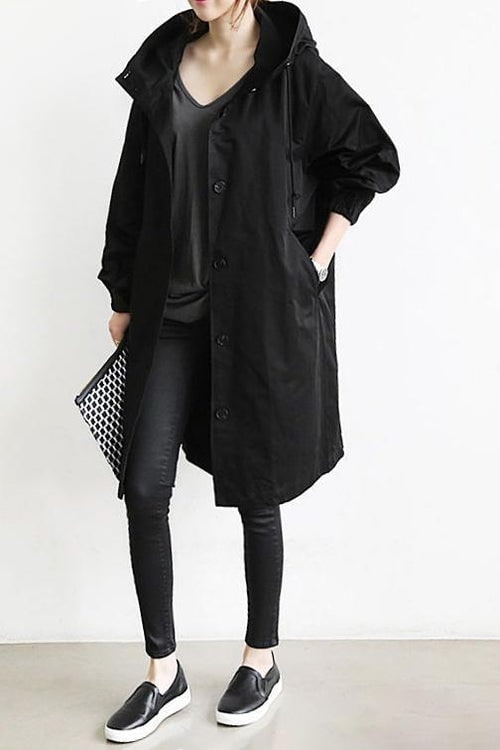 Women's Lightweight Hooded Parka with Drawstring Waist and Front Button Closure - Image 8