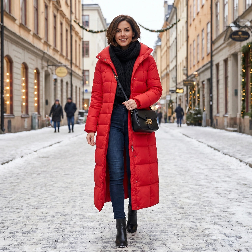 Women's Long Puffer Coat with Faux Fur Hood and Quilted Design - Image 2