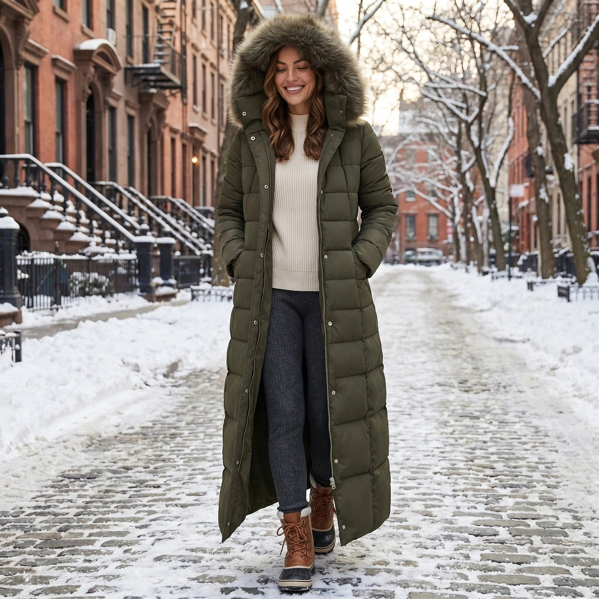Women's Long Puffer Coat with Faux Fur Hood and Quilted Design - Image 3