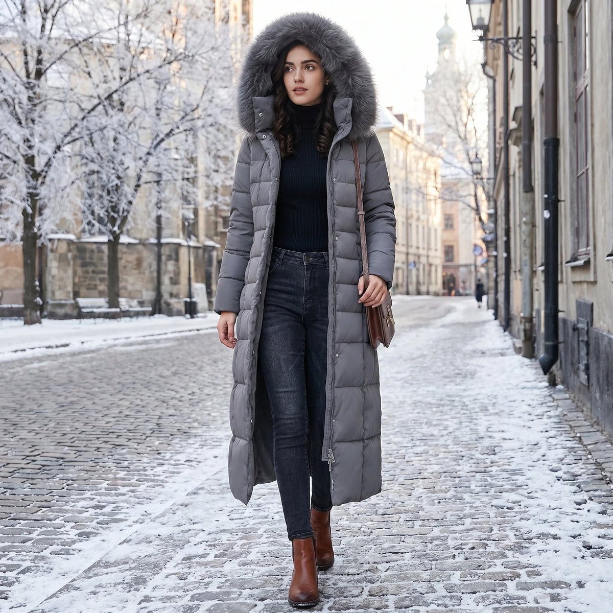Women's Long Puffer Coat with Faux Fur Hood and Quilted Design - Image 4