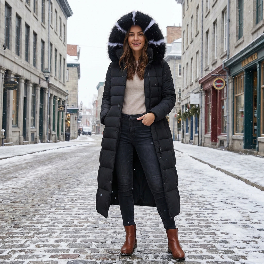 Women's Long Puffer Coat with Faux Fur Hood and Quilted Design - Image 5