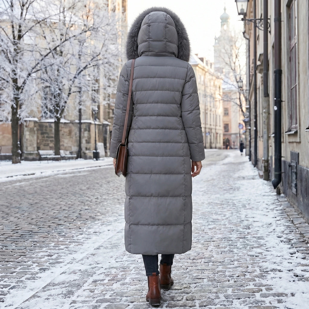 Women's Long Puffer Coat with Faux Fur Hood and Quilted Design - Image 7