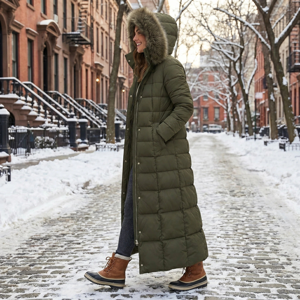 Women's Long Puffer Coat with Faux Fur Hood and Quilted Design - Image 8