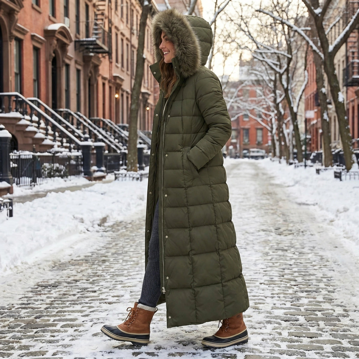 Women's Long Puffer Coat with Faux Fur Hood and Quilted Design - Image 8