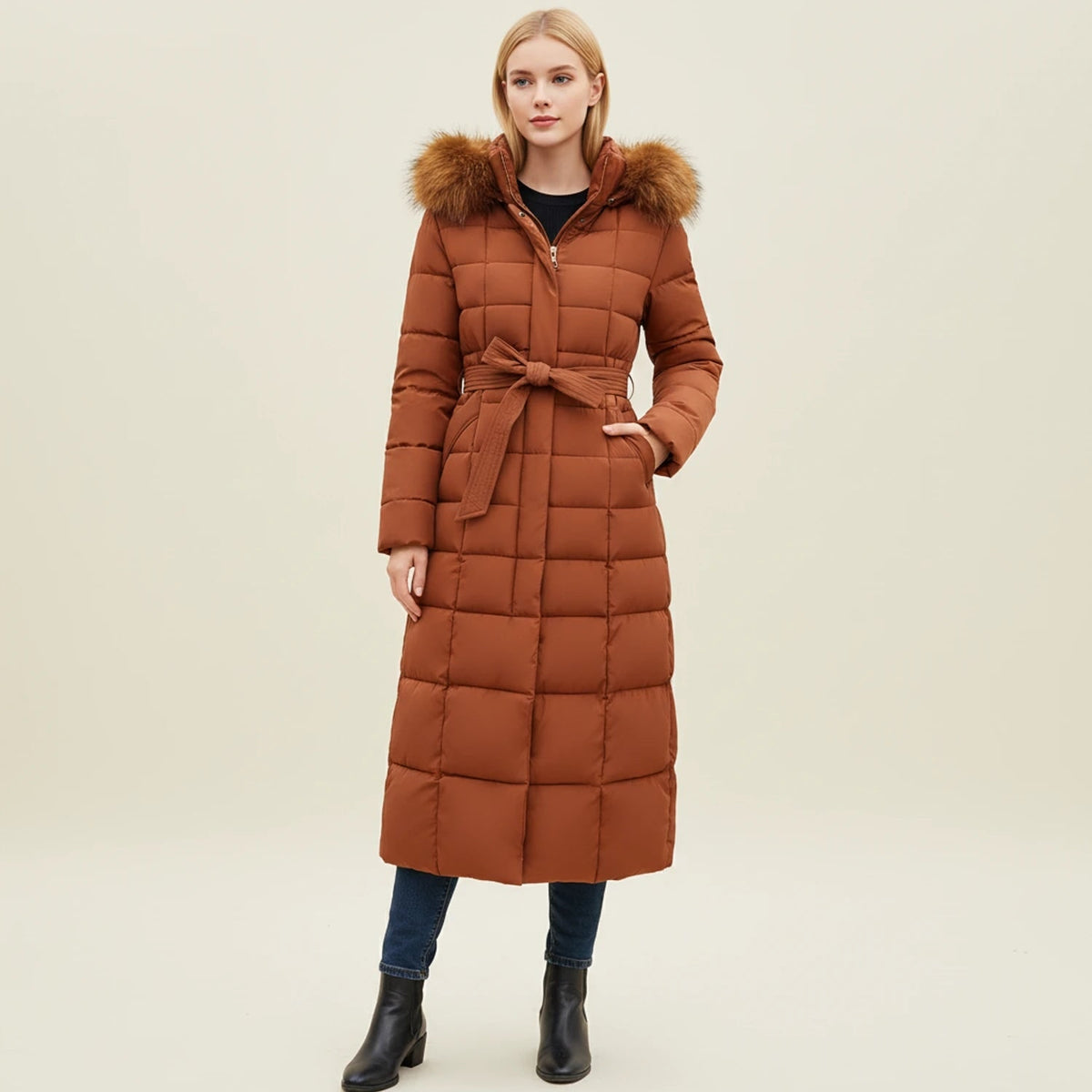 Women's Long Puffer Coat with Faux Fur Hood and Quilted Insulation - Image 1