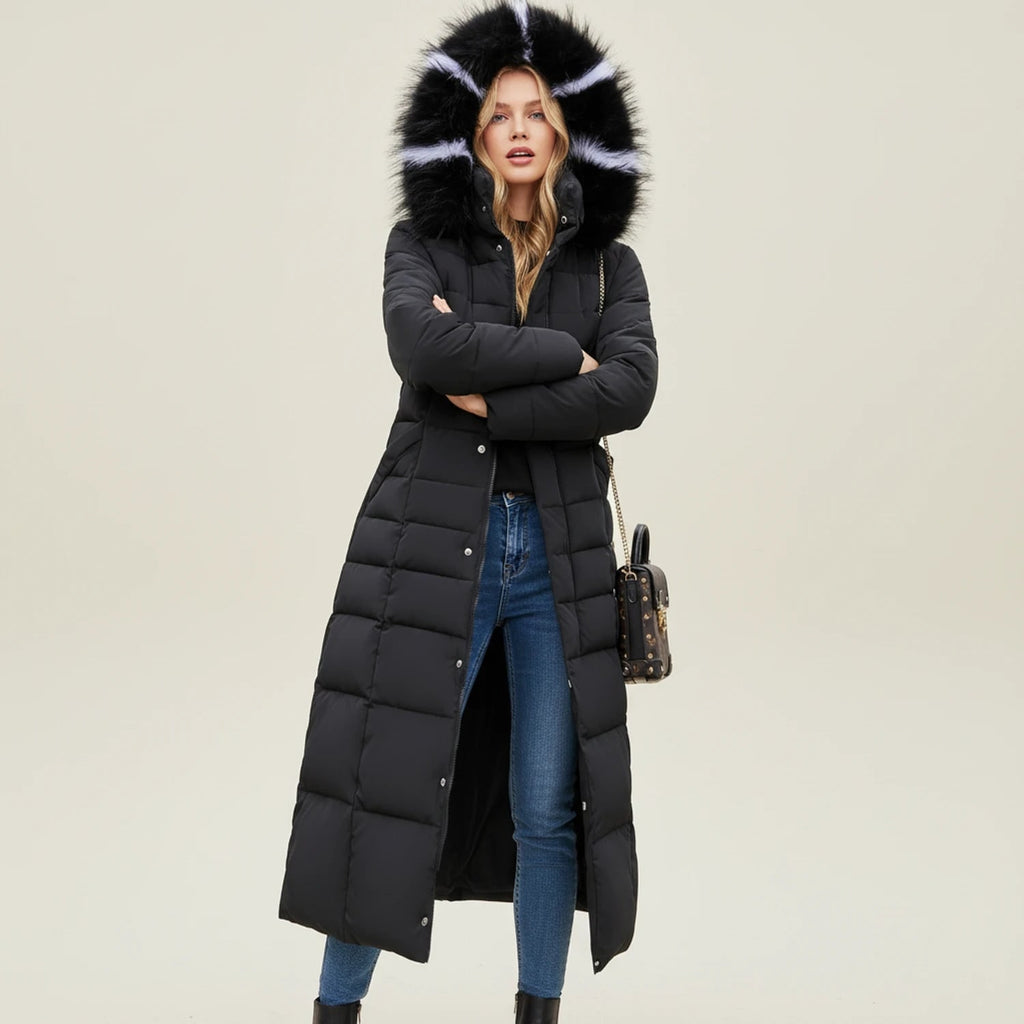 Women's Long Puffer Coat with Faux Fur Hood and Quilted Insulation - Image 2