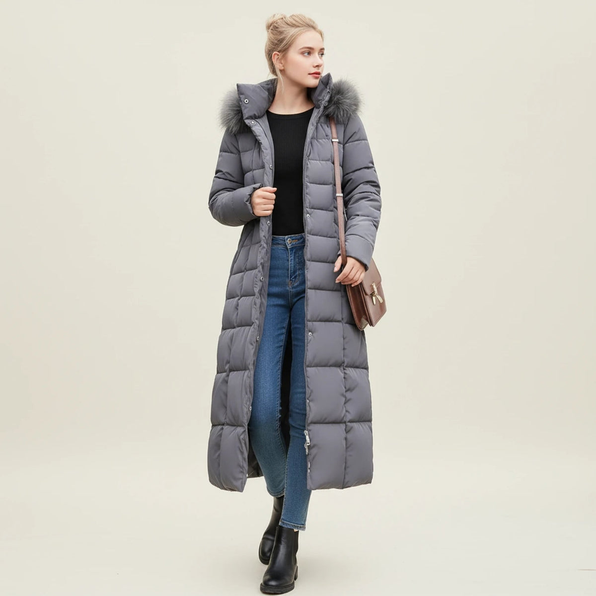 Women's Long Puffer Coat with Faux Fur Hood and Quilted Insulation - Image 3