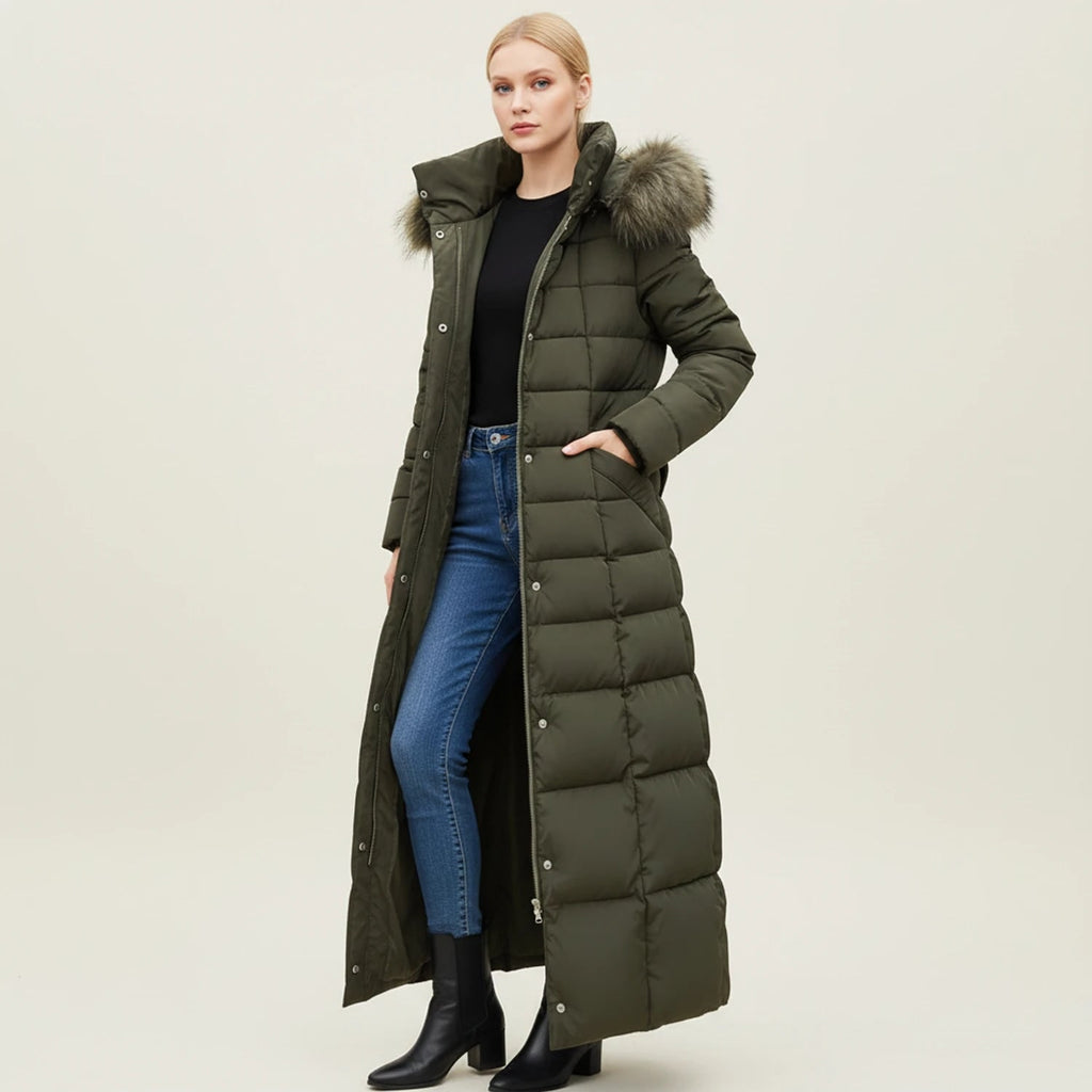 Women's Long Puffer Coat with Faux Fur Hood and Quilted Insulation - Image 4