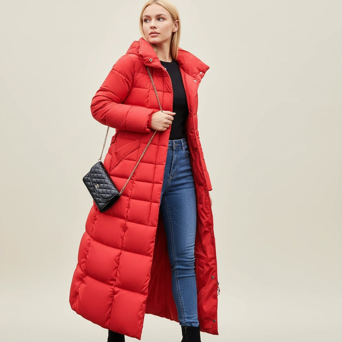 Women's Long Puffer Coat with Faux Fur Hood and Quilted Insulation - Image 5