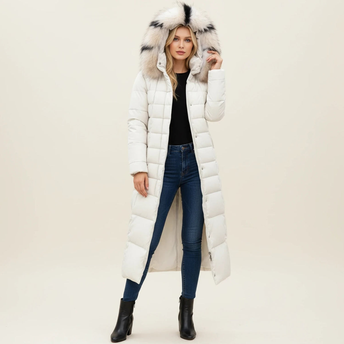 Women's Long Puffer Coat with Faux Fur Hood and Quilted Insulation - Image 6
