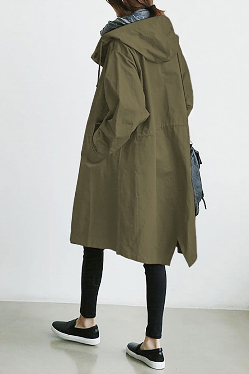 Women's Trench Coat with Hood and Drawstring Waist Lightweight Oversized Rain Jacket - Image 1
