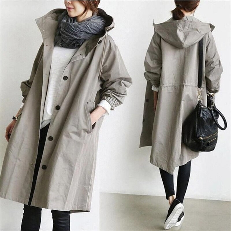 Women's Trench Coat with Hood and Drawstring Waist Lightweight Oversized Rain Jacket - Image 4