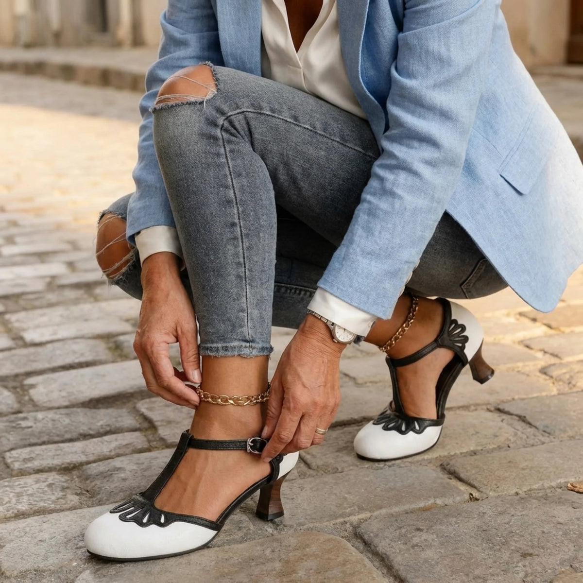 Women's Vintage T-Strap Heels with Two-Tone Design and Adjustable Buckle Strap - Image 2