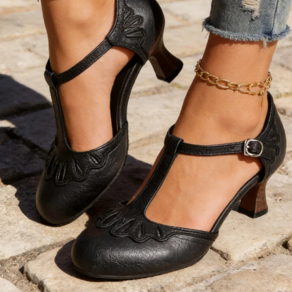 Women's Vintage T-Strap Heels with Two-Tone Design and Adjustable Buckle Strap - Image 3