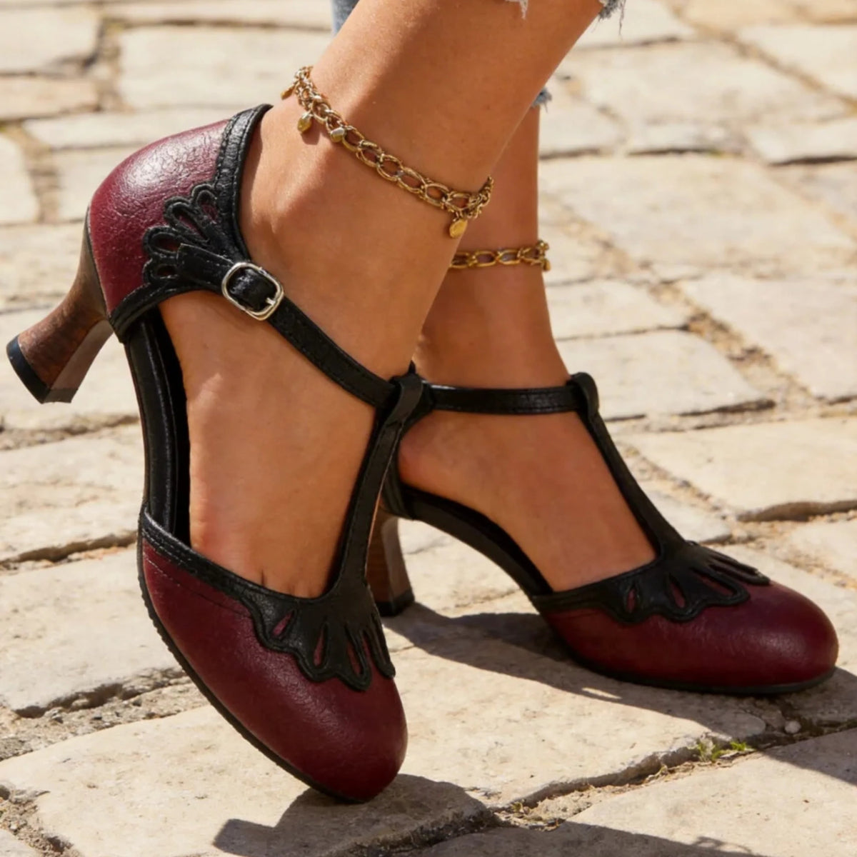 Women's Vintage T-Strap Heels with Two-Tone Design and Adjustable Buckle Strap - Image 5