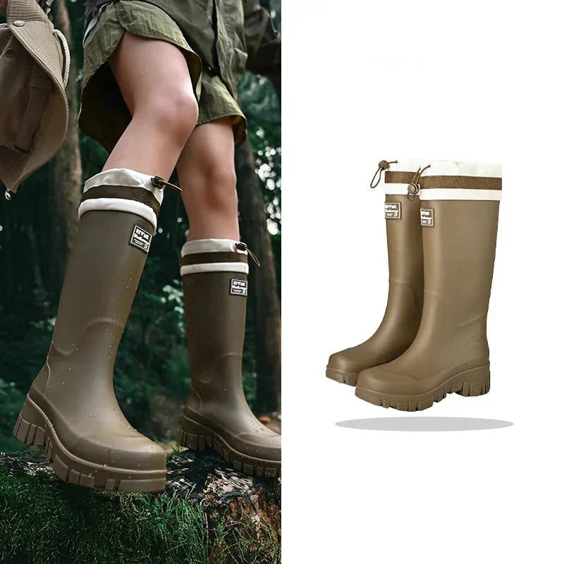 Women's Waterproof Rubber Rain Boots with Drawstring Collar and Chunky Lug Sole - Image 14