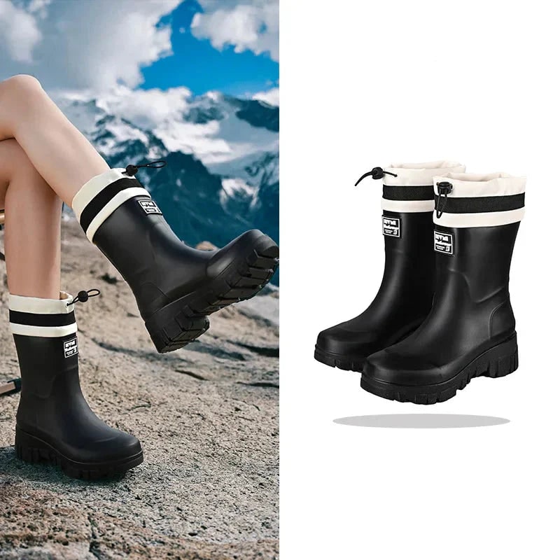 Women's Waterproof Rubber Rain Boots with Drawstring Collar and Chunky Lug Sole - Image 15