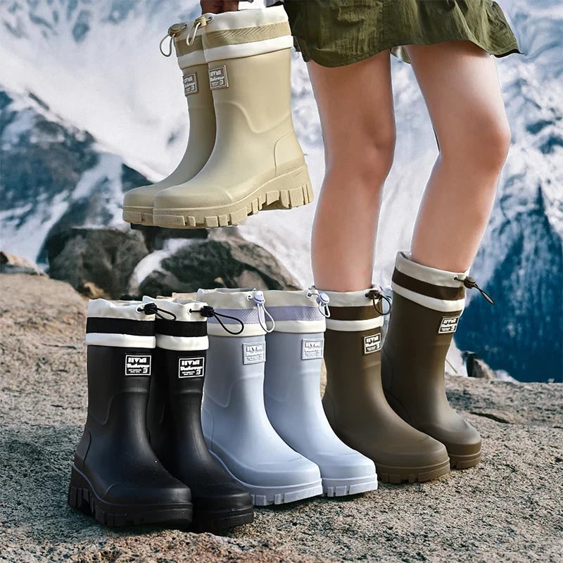 Women's Waterproof Rubber Rain Boots with Drawstring Collar and Chunky Lug Sole - Image 17