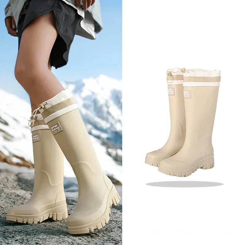 Women's Waterproof Rubber Rain Boots with Drawstring Collar and Chunky Lug Sole - Image 18
