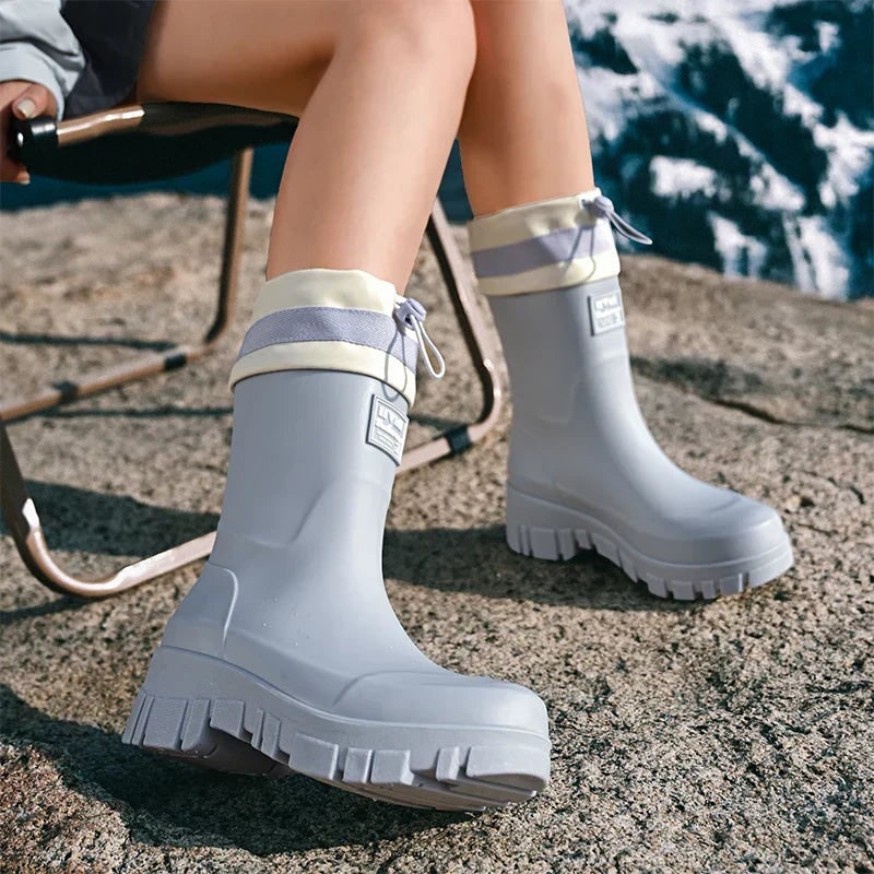 Women's Waterproof Rubber Rain Boots with Drawstring Collar and Chunky Lug Sole - Image 19