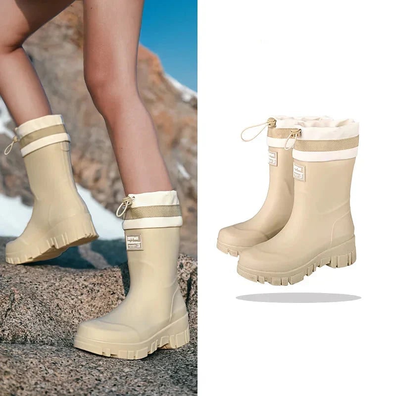 Women's Waterproof Rubber Rain Boots with Drawstring Collar and Chunky Lug Sole - Image 2