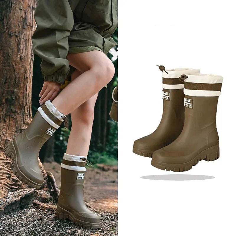 Women's Waterproof Rubber Rain Boots with Drawstring Collar and Chunky Lug Sole - Image 5