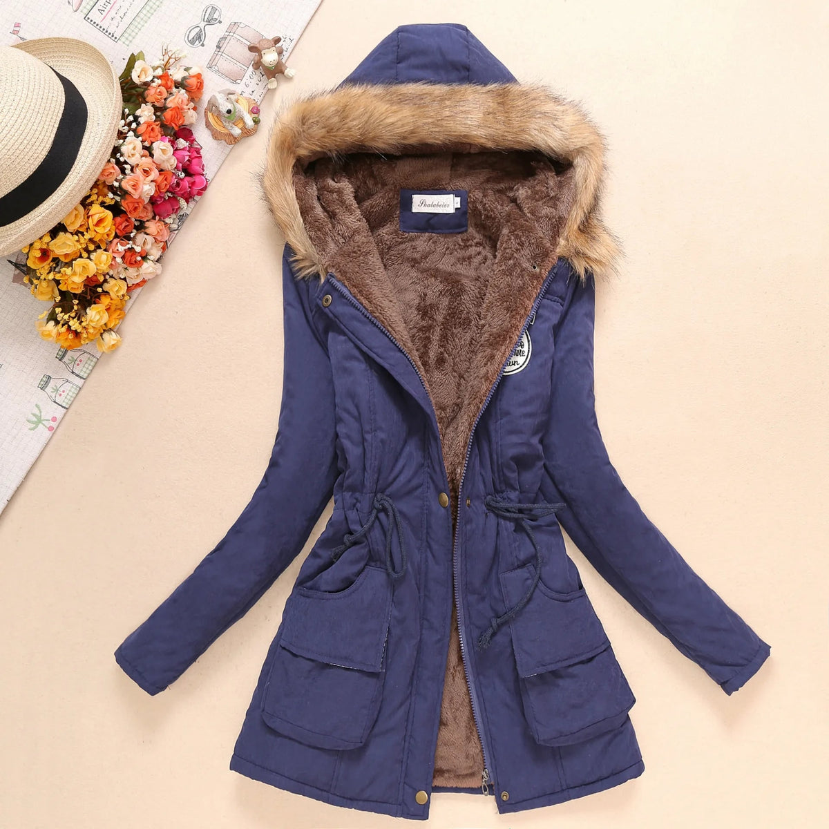 Women's Winter Coat with Fleece Lining and Faux Fur Hood Mid-Length Parka Jacket - Image 5