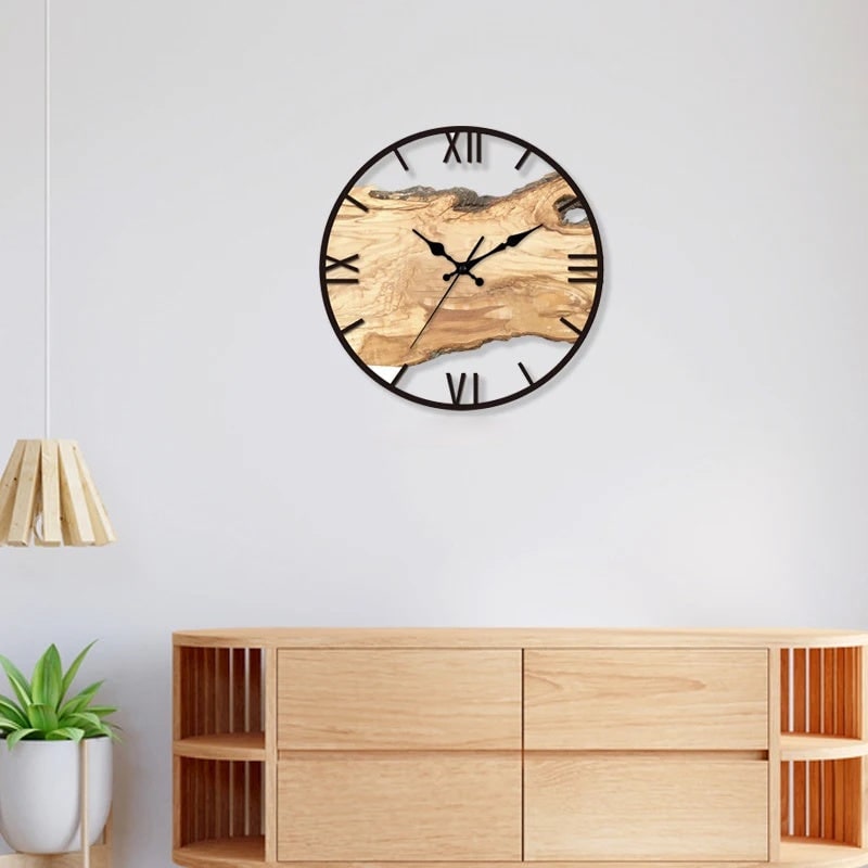 Wood Wall Clock with Minimalist Design Natural Live Edge and Roman Numerals - Image 1