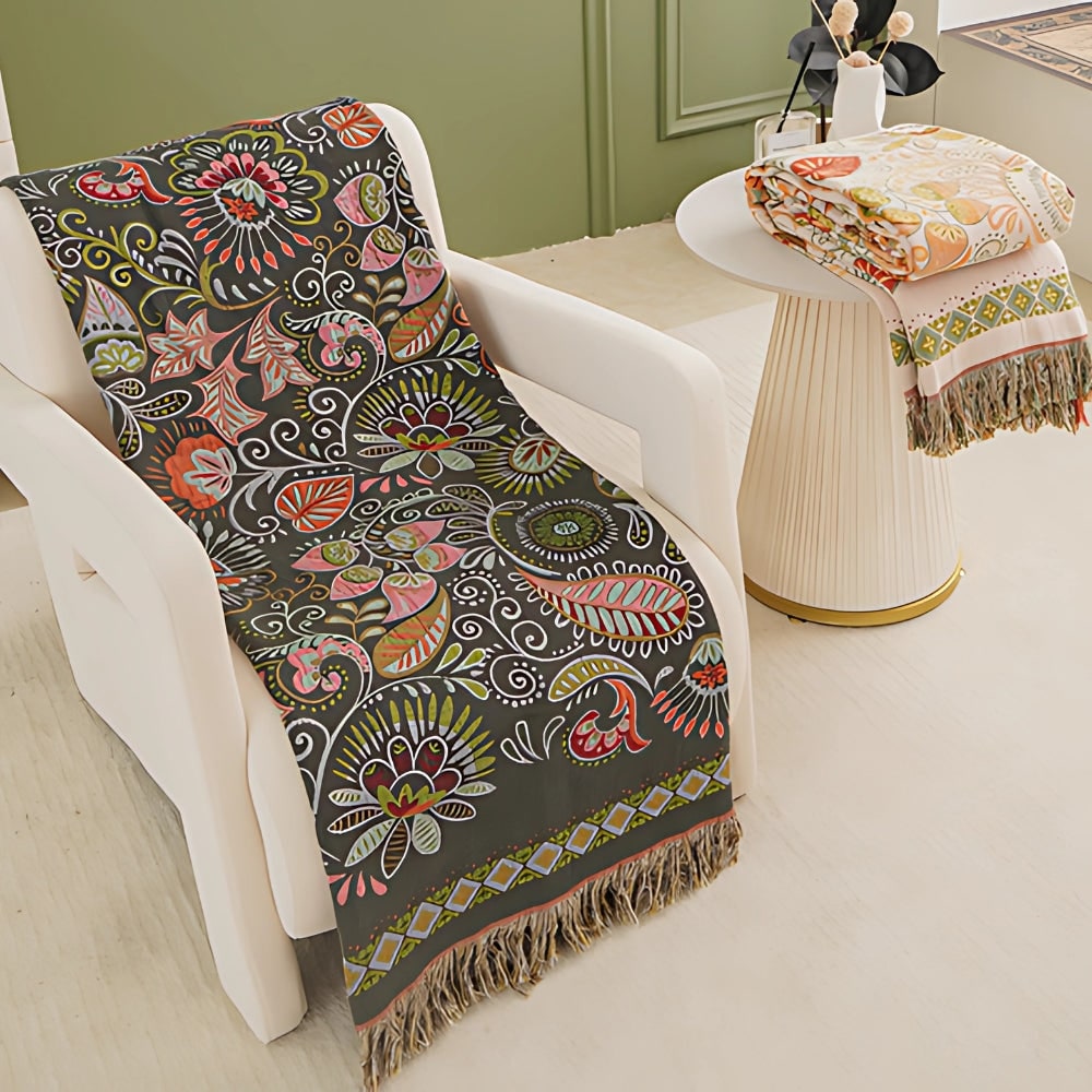 Woven Throw Blanket with Reversible Boho Floral Pattern and Fringe - Image 3