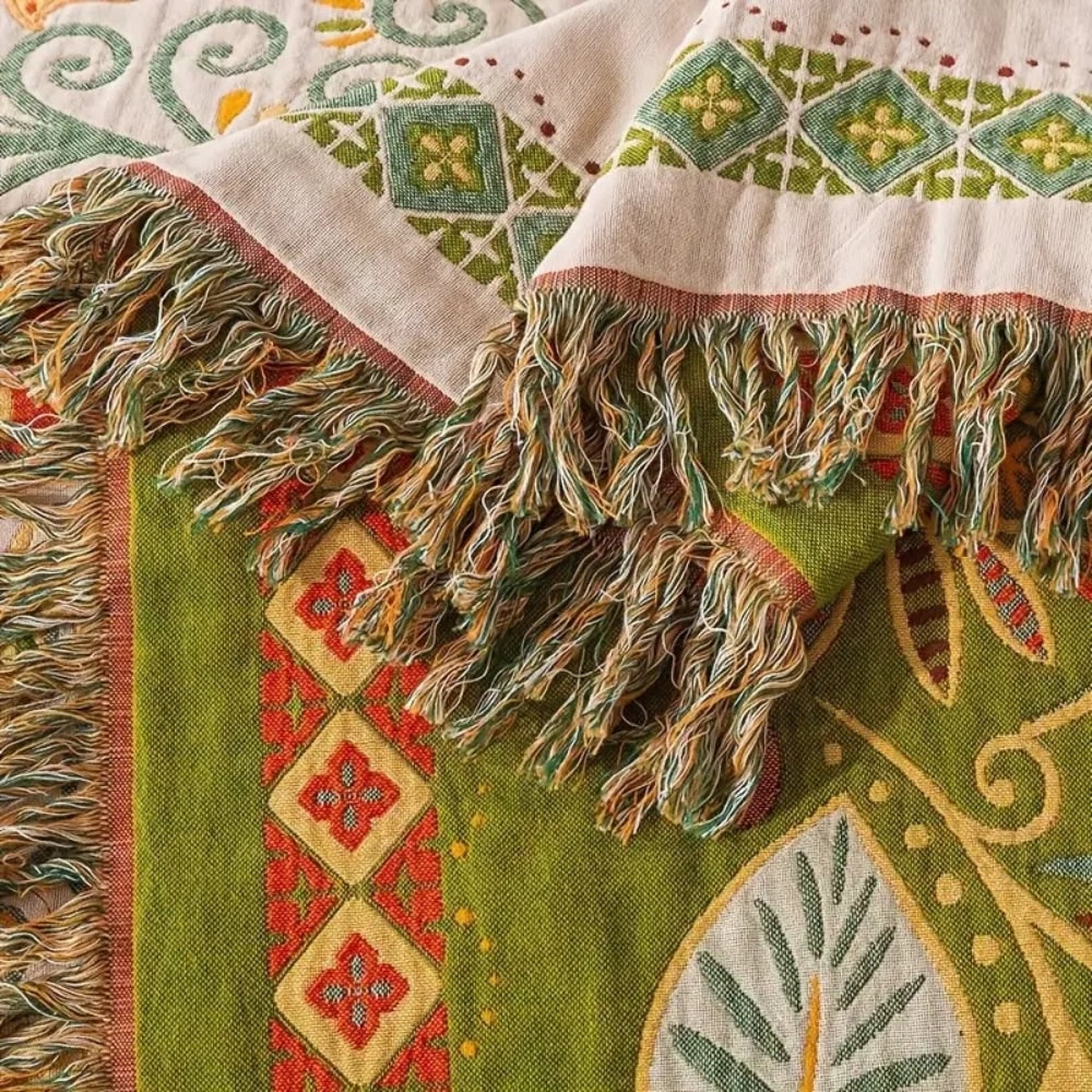 Woven Throw Blanket with Reversible Boho Floral Pattern and Fringe - Image 7